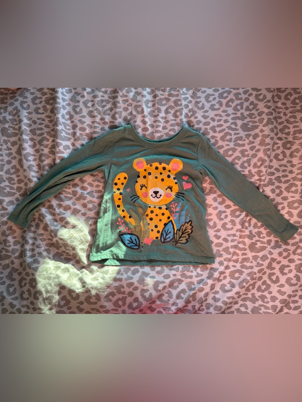 The Children’s Place Long Sleeve Green Top with Leopard Graphic